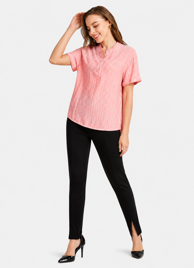 Women's Casual Notched Collar Button Front Short Sleeve Top