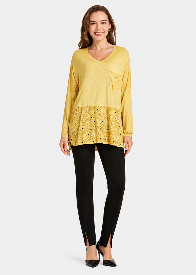 Women's Casual Round Neck Floral Eyelet Embroidered Tunic Top