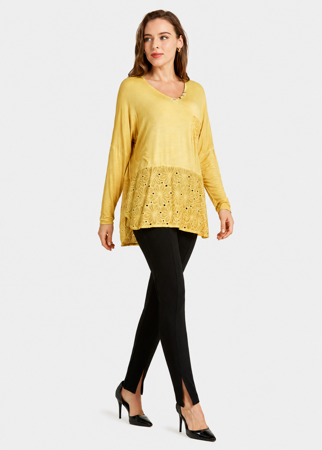Women's Casual Round Neck Floral Eyelet Embroidered Tunic Top