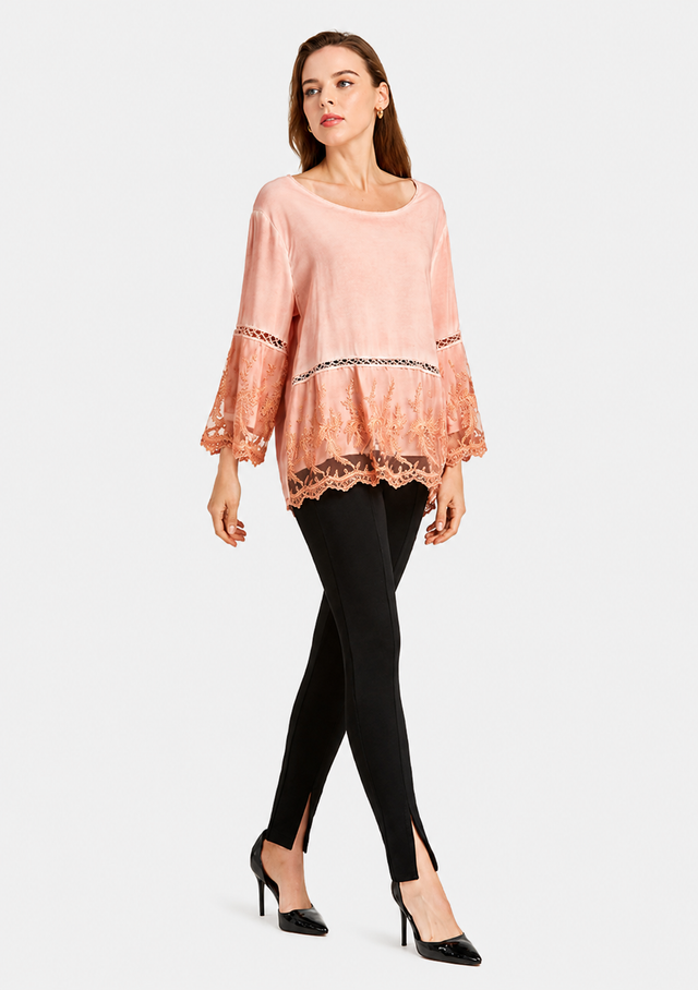 Women's Casual Round Neck Guipure Lace Hollow Out Bell Sleeve Top