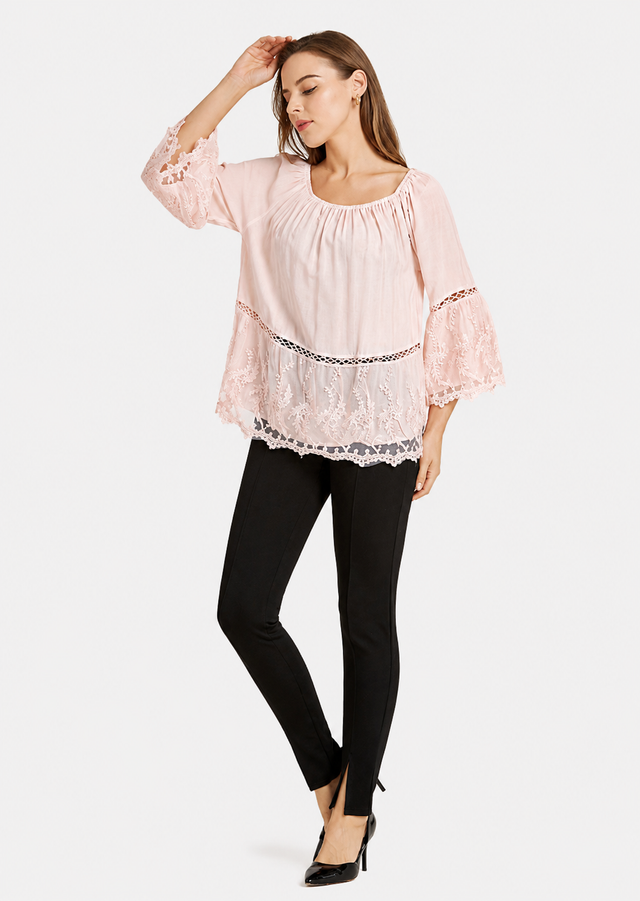 Women's Casual Square Neck Guipure Lace Bell Sleeve Top