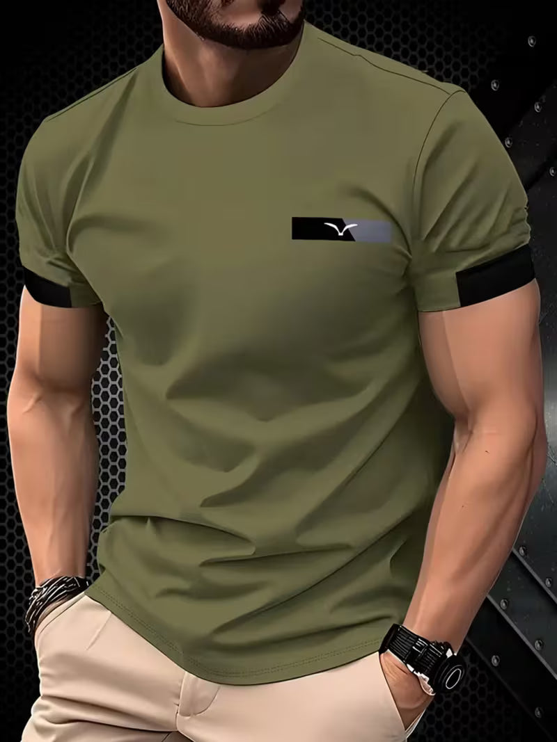 Men's Striped Bird Print Crew Neck T-Shirt