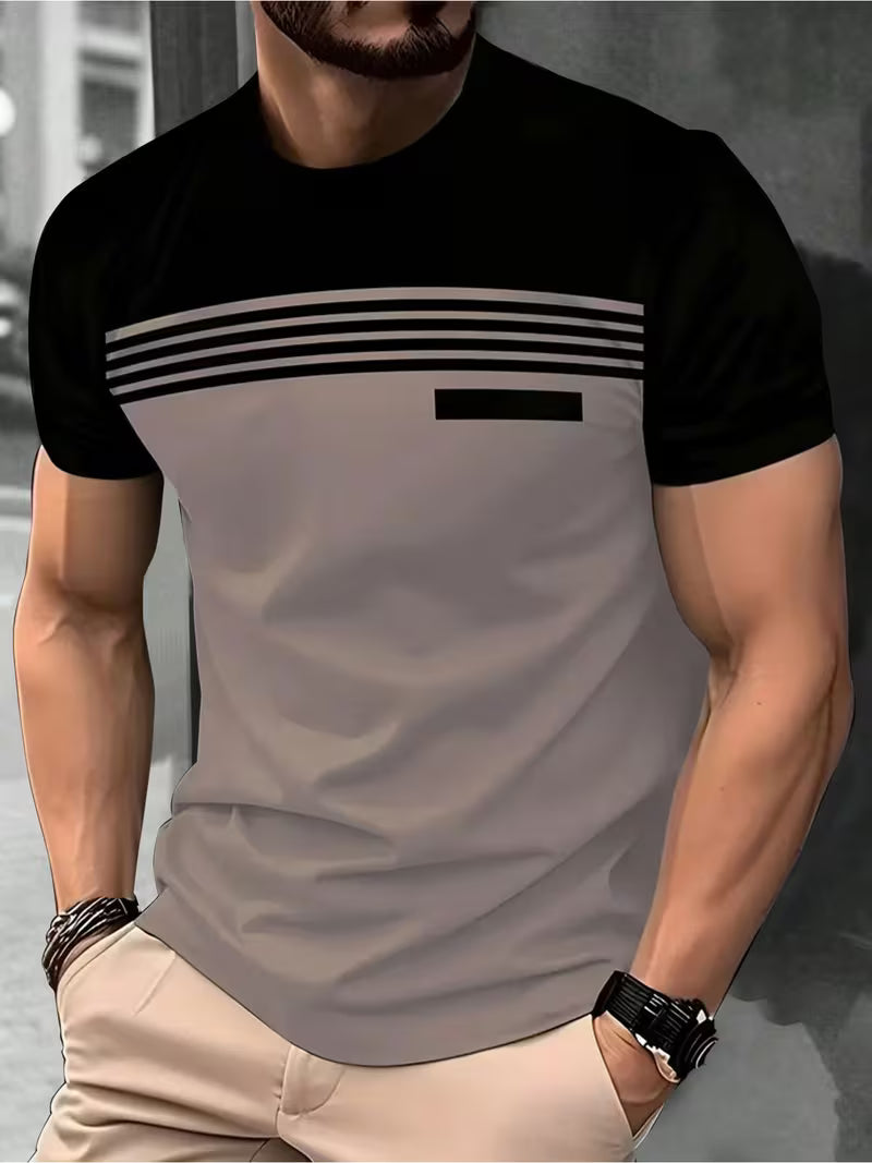 Men's Striped Patchwork Crew Neck T-Shirt