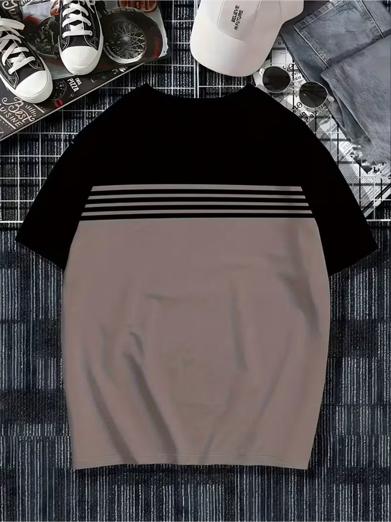 Men's Striped Patchwork Crew Neck T-Shirt