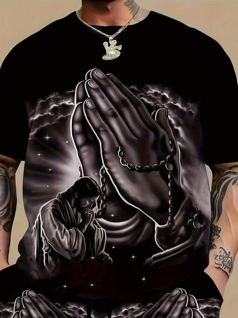 Praying Hands Graphic Crew Neck T-Shirt