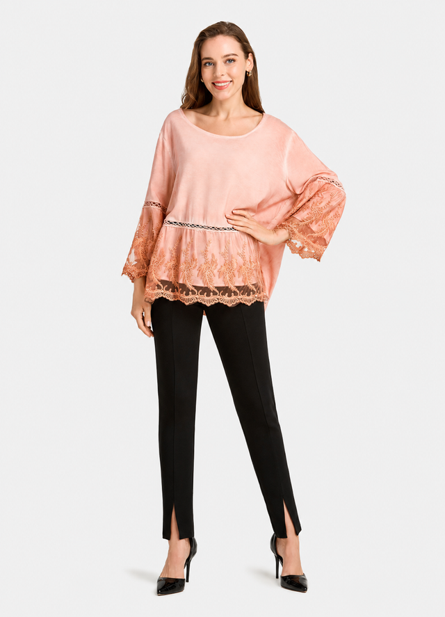 Women's Casual Round Neck Guipure Lace Hollow Out Bell Sleeve Top