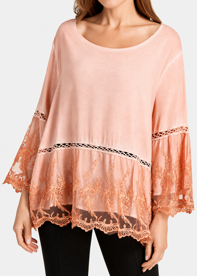 Women's Casual Round Neck Guipure Lace Hollow Out Bell Sleeve Top