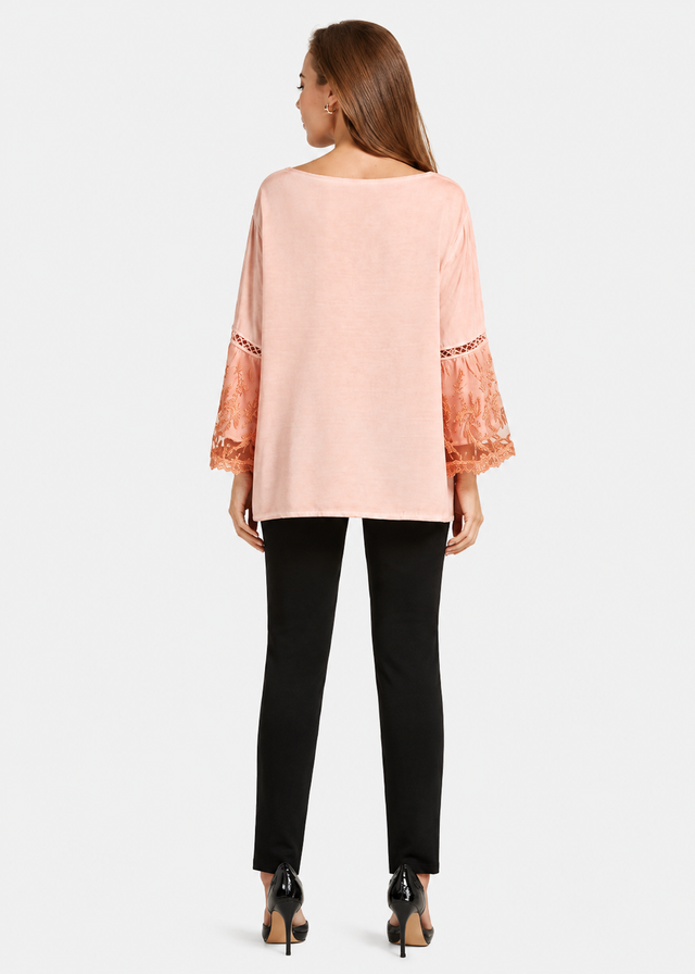 Women's Casual Round Neck Guipure Lace Hollow Out Bell Sleeve Top