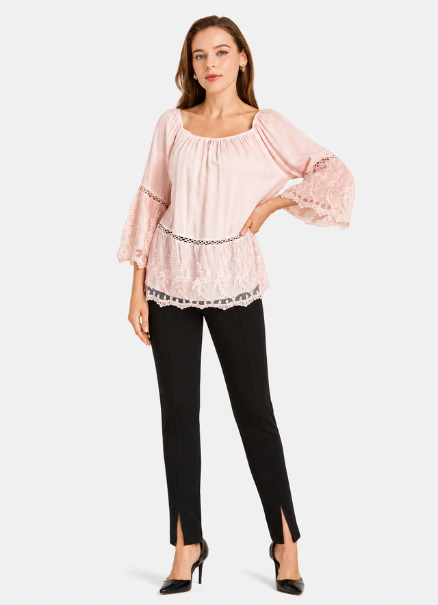 Women's Casual Square Neck Guipure Lace Bell Sleeve Top